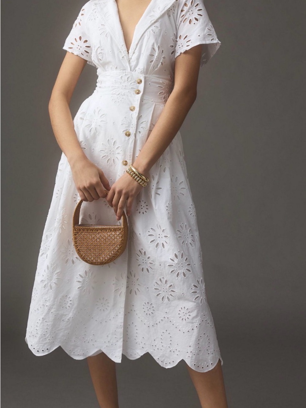 White Eyelet Button-Waist Dress midi shirt dress